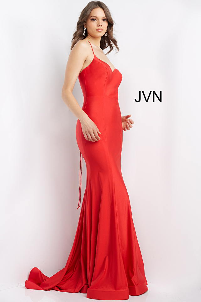 JVN07643 Ivory Tie Back Spaghetti Strap Prom Dress